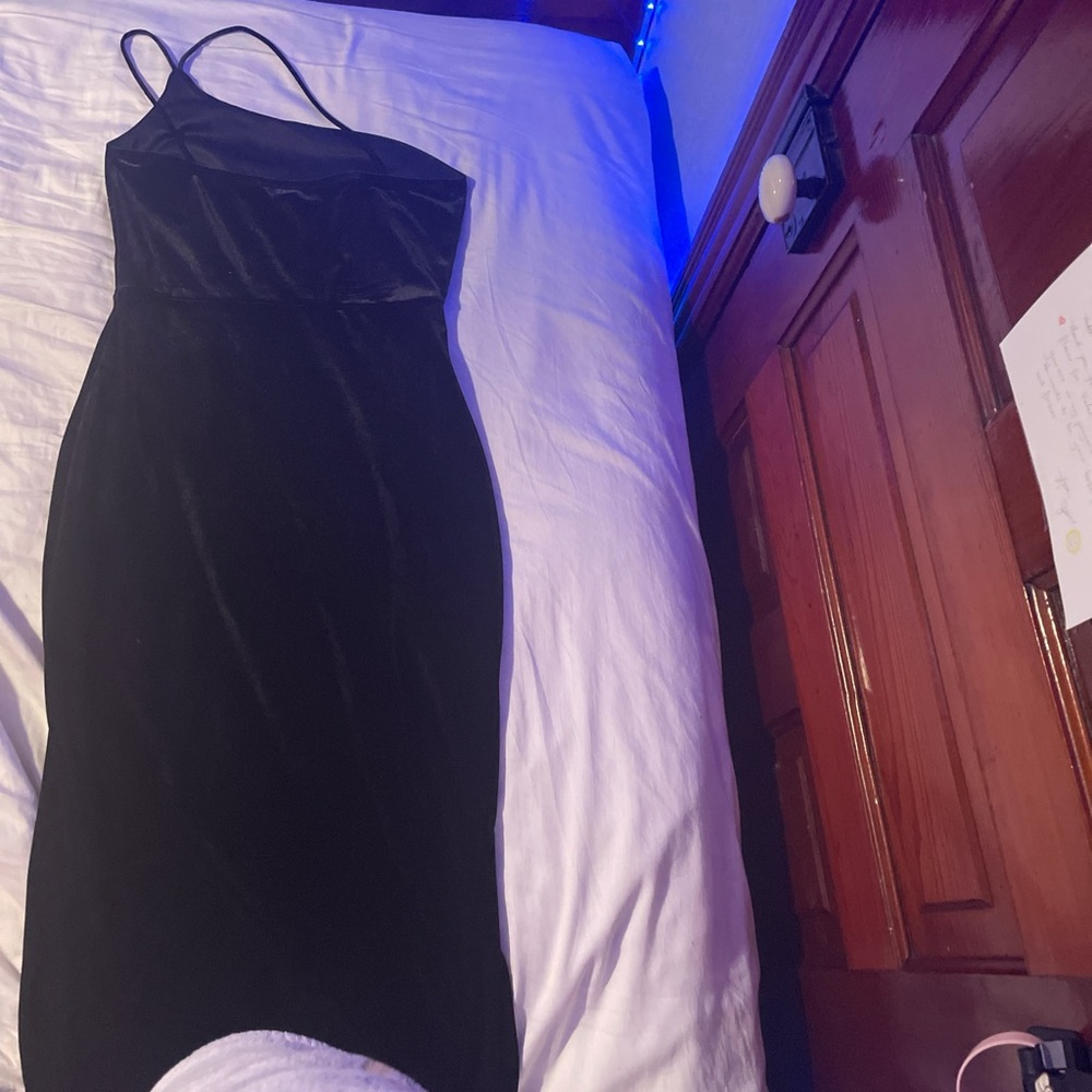 Velvet dress, soft, with slit, one shoulder, strap